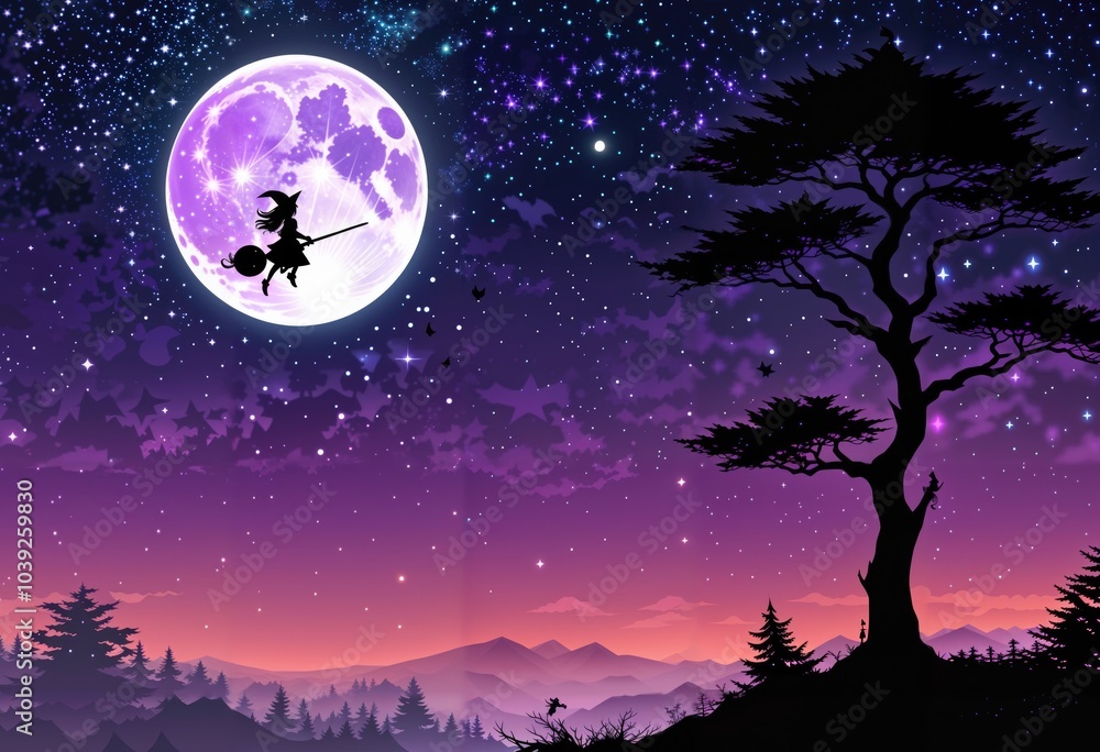 A witch on a broom flies across a full moon, surrounded by small stars. Below, a jagged tree line creates a spooky forest, magical Halloween night-time scene, Generative AI A witch on a broom flies across a full moon, surrounded by small stars. Below, a jagged tree line creates a spooky forest, magical Halloween night-time scene, Generative AI