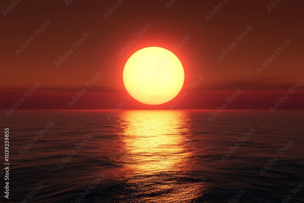 3D rendering of a red sunset over the ocean with a glowing orange sun symbolizing peace, hope, or love. 3D rendering of a red sunset over the ocean with a glowing orange sun symbolizing peace, hope, or love.