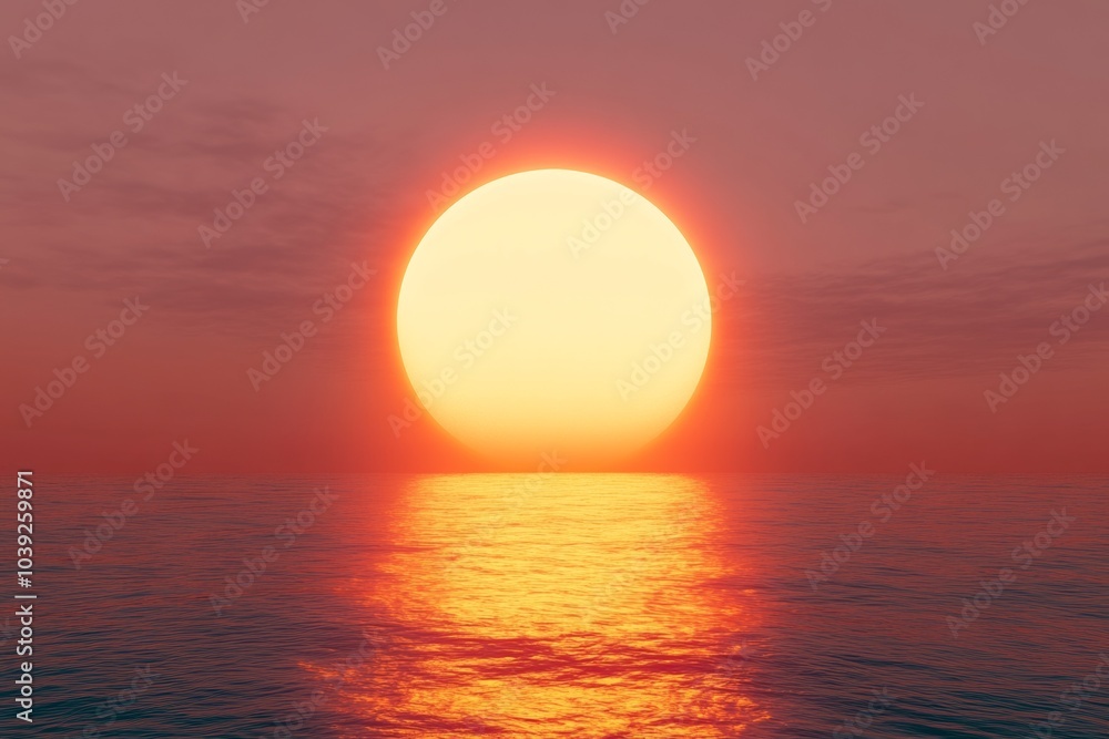 3D rendering of a red sunset over the ocean with a glowing orange sun symbolizing peace, hope, or love. 3D rendering of a red sunset over the ocean with a glowing orange sun symbolizing peace, hope, or love.