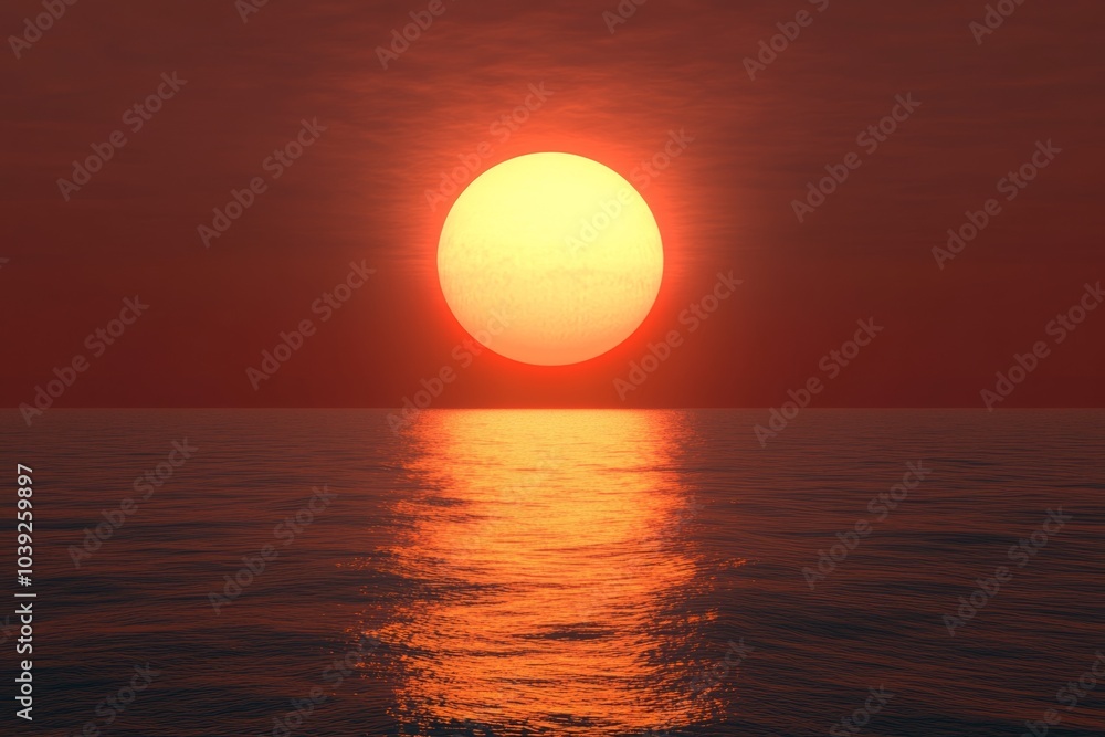 3D rendering of a red sunset over the ocean with a glowing orange sun symbolizing peace, hope, or love. 3D rendering of a red sunset over the ocean with a glowing orange sun symbolizing peace, hope, or love.