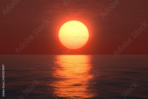 3D rendering of a red sunset over the ocean with a glowing orange sun symbolizing peace, hope, or love.