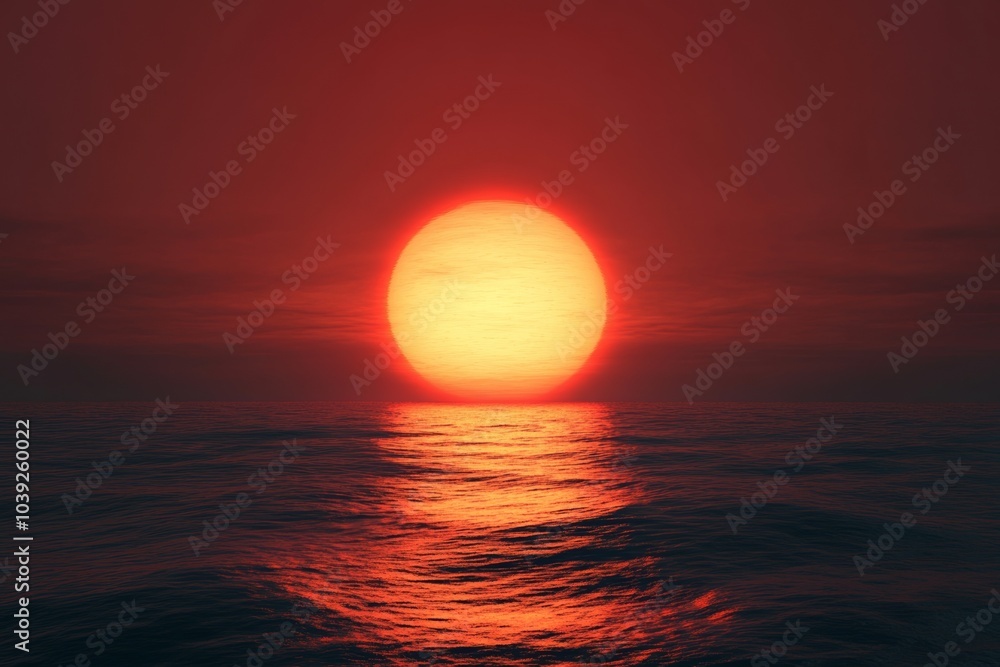 3D rendering of a red sunset over the ocean with a glowing orange sun symbolizing peace, hope, or love. 3D rendering of a red sunset over the ocean with a glowing orange sun symbolizing peace, hope, or love.