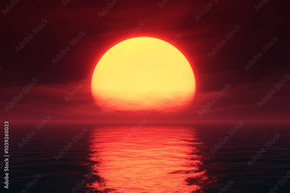 3D rendering of a red sunset over the ocean with a glowing orange sun symbolizing peace, hope, or love. 3D rendering of a red sunset over the ocean with a glowing orange sun symbolizing peace, hope, or love.