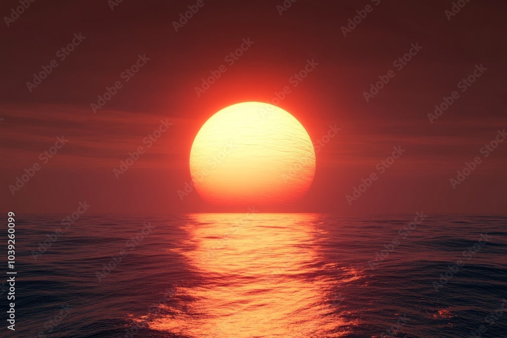 3D rendering of a red sunset over the ocean with a glowing orange sun symbolizing peace, hope, or love. 3D rendering of a red sunset over the ocean with a glowing orange sun symbolizing peace, hope, or love.
