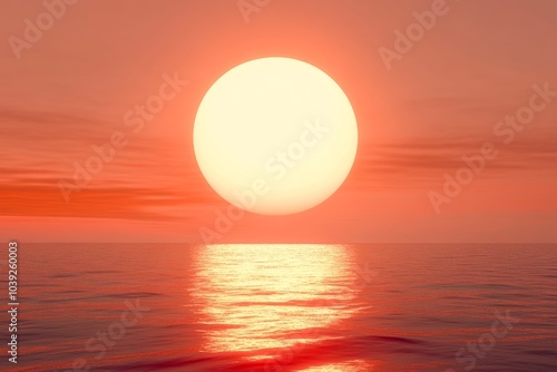 3D rendering of a red sunset over the ocean with a glowing orange sun symbolizing peace, hope, or love.