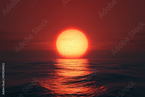 3D rendering of a red sunset over the ocean with a glowing orange sun symbolizing peace, hope, or love.