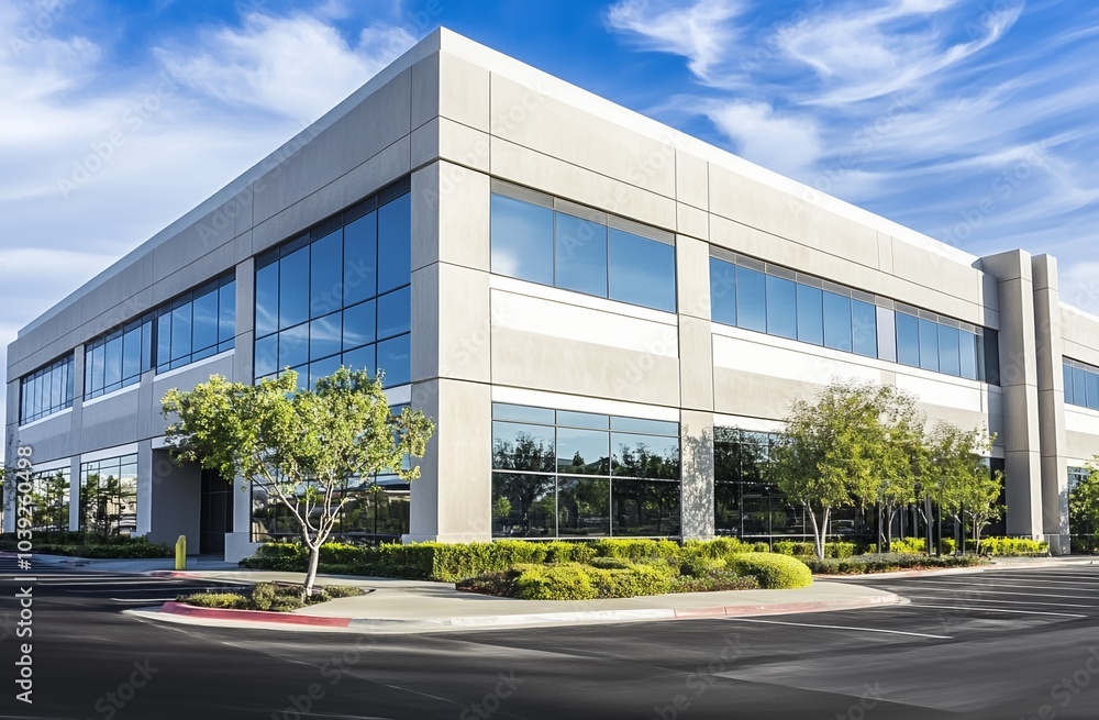 High-end commercial office building with large windows and concrete panels at highway corner in Glendora, California, modern architecture. High-end commercial office building with large windows and concrete panels at highway corner in Glendora, California, modern architecture.