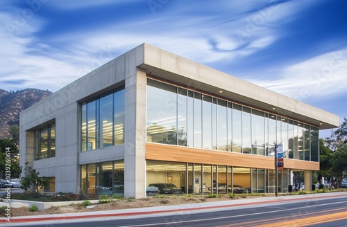 High-end commercial office building with large windows and concrete panels at highway corner in Glendora, California, modern architecture.