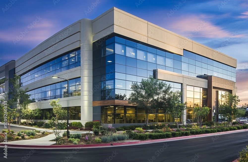 High-end commercial office building with large windows and concrete panels at highway corner in Glendora, California, modern architecture. High-end commercial office building with large windows and concrete panels at highway corner in Glendora, California, modern architecture.