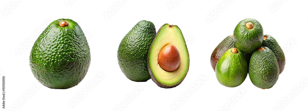 Set of full and cut of avocado isolated on white Set of full and cut of avocado isolated on white