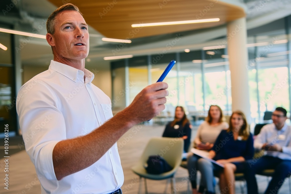Man in a white shirt holding blue pen while giving a presentation in a modern office, group of people sitting, blurred background, natural bright lighting. Man in a white shirt holding blue pen while giving a presentation in a modern office, group of people sitting, blurred background, natural bright lighting.