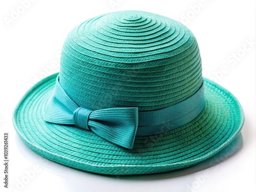 Charming turquoise hat on a crisp white backdrop, an essential summer accessory. Trendy and eye-catching, it makes a bold fashion statement, perfect for any photoshoot.