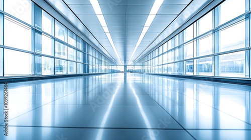 A spacious, modern corridor with large windows, reflecting light on a polished floor.