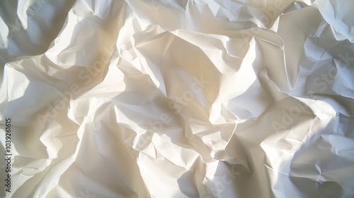 A close-up of crumpled white paper, showcasing texture and light reflections.