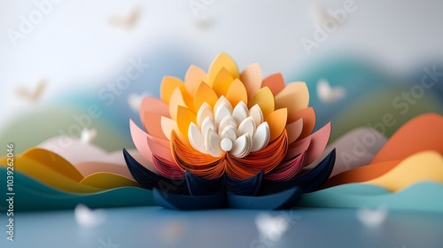 Vibrant symmetrical mandala with mirrored fractal design and colorful layered paper cut elements  Mesmerizing abstract digital art background with a kaleidoscopic psychedelic feel