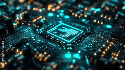 A close-up view of a futuristic microchip on a circuit board with glowing elements.