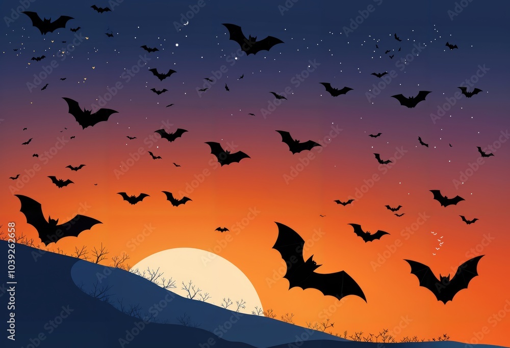 Halloween black bats flying silhouettes spiraling upwards and fading into the distance. The background is a twilight sky in shades of deep blue and orange, Generative AI Halloween black bats flying silhouettes spiraling upwards and fading into the distance. The background is a twilight sky in shades of deep blue and orange, Generative AI