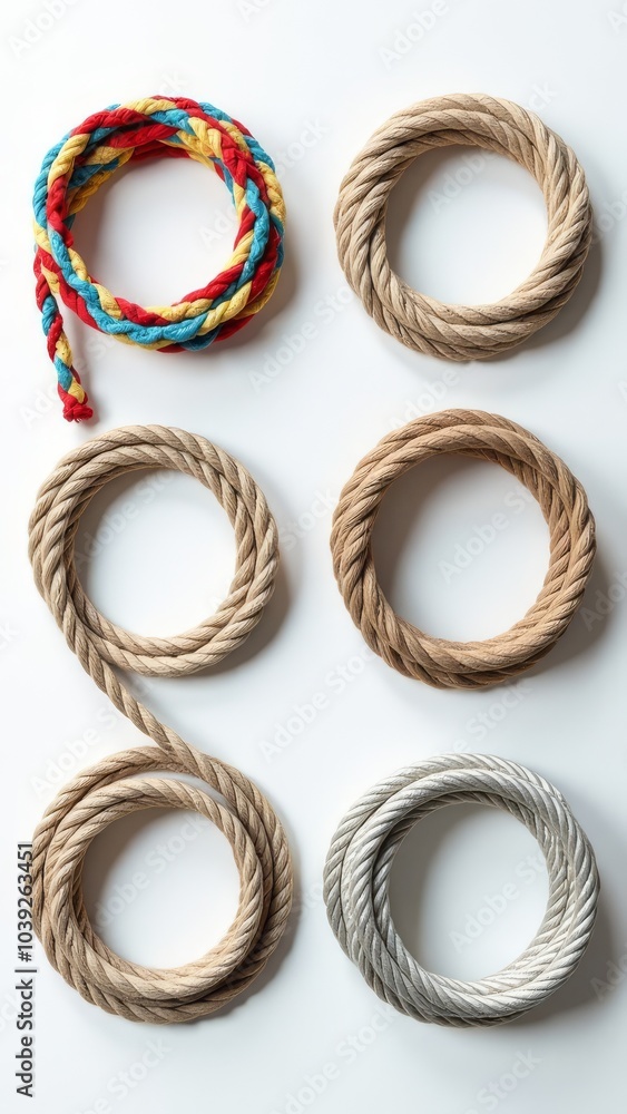 A bunch of ropes are laid out in a row, with some of them being yellow, red A bunch of ropes are laid out in a row, with some of them being yellow, red