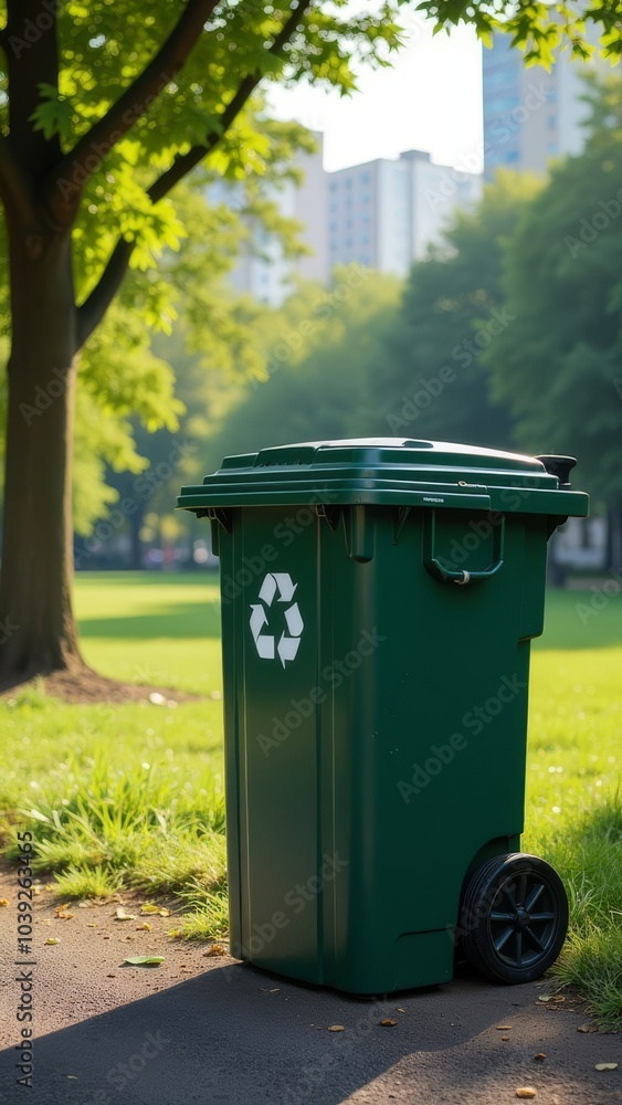 A green trash can with a recycling symbol on it sits in a grassy area A green trash can with a recycling symbol on it sits in a grassy area