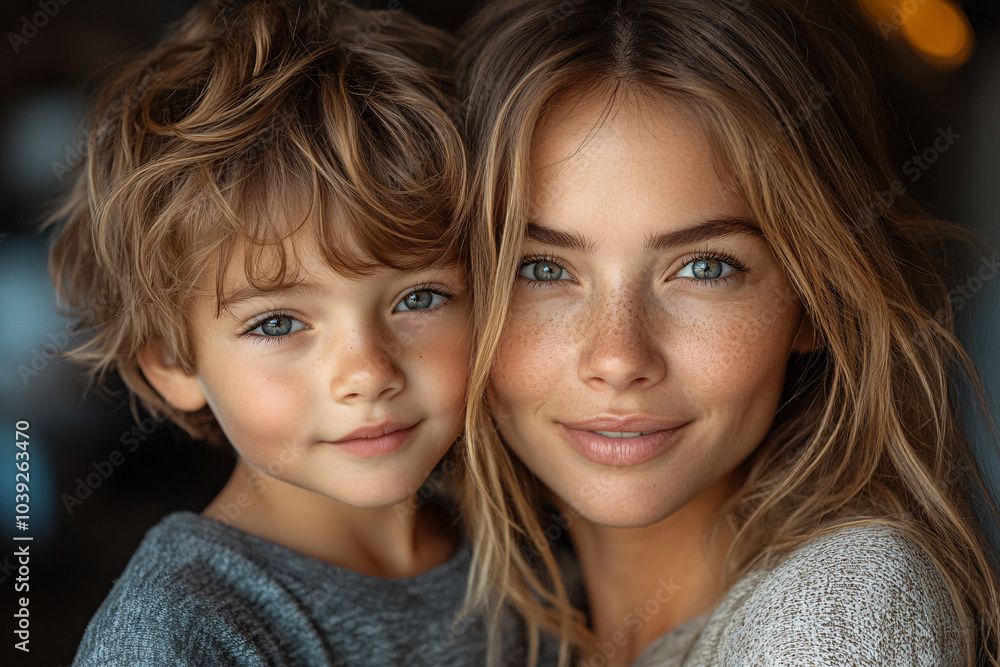 Close-up of a mother and child smiling warmly, both with blue eyes and freckles. The child has tousled brown hair; both look radiant and content Close-up of a mother and child smiling warmly, both with blue eyes and freckles. The child has tousled brown hair; both look radiant and content