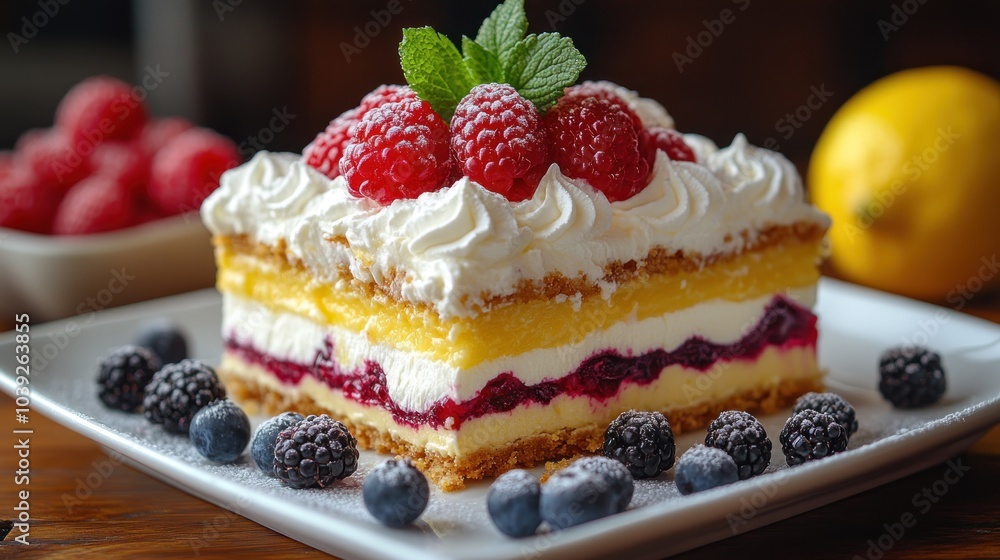 A delicious layered dessert topped with fresh berries and mint. A delicious layered dessert topped with fresh berries and mint.