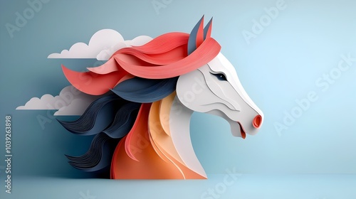 Elegant and modern digital featuring a symmetrical horse head silhouette design with intricate layered paper cut details creating a sleek and minimalist aesthetic photo