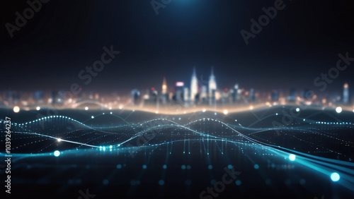 Smart city and abstract dot point connect with gradient line and aesthetic Intricate wave line design , big data connection technology concept .