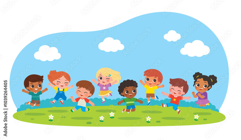 Group of Happy boys and girls standing and jumping. Collection back to School of kindergarten. Children with different jumping poses. Children's activities. Group of Happy boys and girls standing and jumping. Collection back to School of kindergarten. Children with different jumping poses. Children's activities.