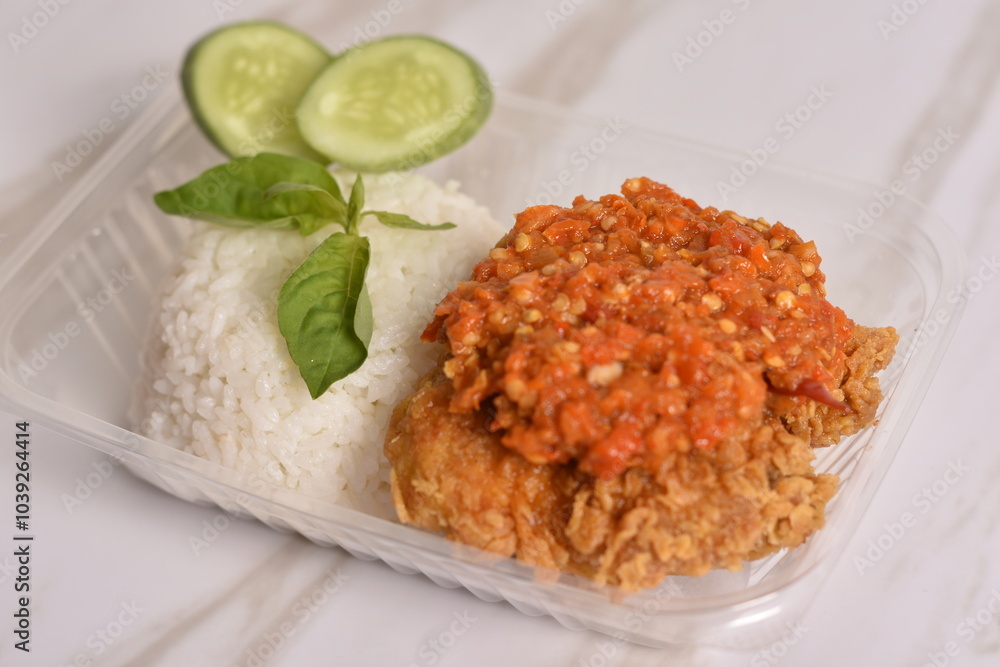 rice with chicken and sambal. It call ayam geprek in indonesia rice with chicken and sambal. It call ayam geprek in indonesia