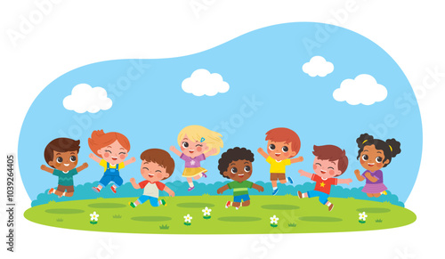 Group of Happy boys and girls standing and jumping. Collection back to School of kindergarten. Children with different jumping poses. Children's activities.