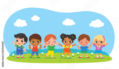 Group of Happy boys and girls standing and jumping. Collection back to School of kindergarten. Children with different jumping poses. Children's activities.