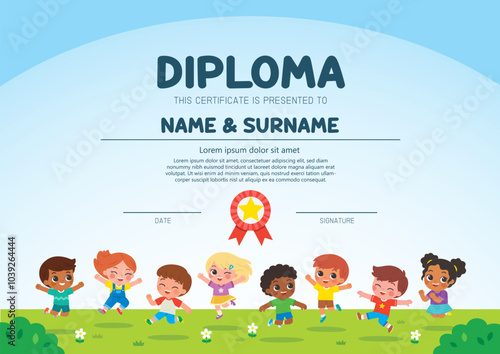 Group of Happy boys and girls standing and jumping on the park. Children's activities. Template for Certificate kids diploma.