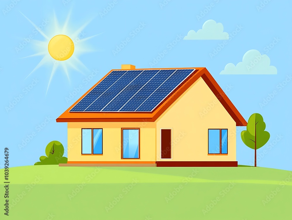 An illustration of a modern house with solar panels on the roof, sunlight, blue sky, green trees