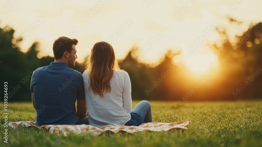 A couple enjoying a peaceful and intimate picnic in a picturesque park surrounded by the serene beauty of nature and the warm glow of a sunset They are lost in each other s embrace A couple enjoying a peaceful and intimate picnic in a picturesque park surrounded by the serene beauty of nature and the warm glow of a sunset They are lost in each other s embrace