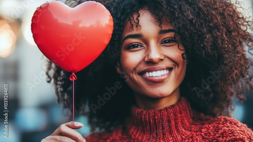 Close-up of a person holding a single heart balloon with a joyful expression. photo