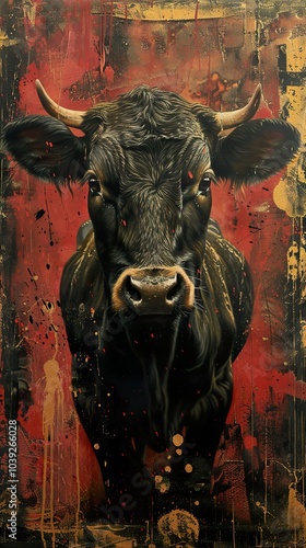 Black Cow Portrait with Red and Gold Splashes