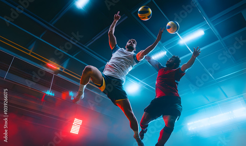 Dynamic Volleyball Action with Neon Lights and Abstract Geometric Patterns for Futuristic Sports Branding