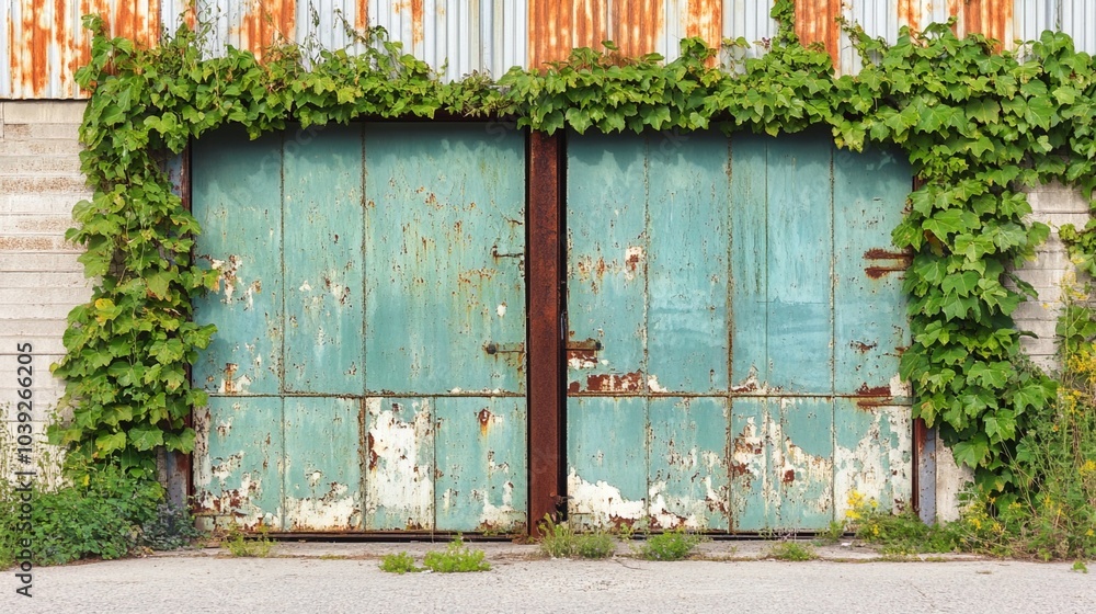 Closed factory gates with rusting metal and faded paint, symbolizing the decline of industry and the passage of time, reflecting a poignant reminder of economic shifts and the human impact of change Closed factory gates with rusting metal and faded paint, symbolizing the decline of industry and the passage of time, reflecting a poignant reminder of economic shifts and the human impact of change