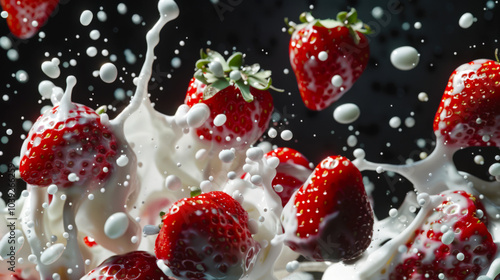 Strawberry milkshake with strawberries and milk splashing out of a glass, close-up. The image looks playful and funny. Delicious and sweet dessert. A healthy healthy snack