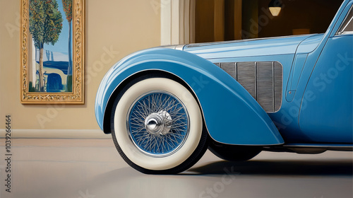 Classic Blue Delage: A timeless beauty, a 1930s Delage D8-120, showcased in elegant detail. Its powder blue paint and intricate wire-spoke wheels stand out against a polished floor. photo