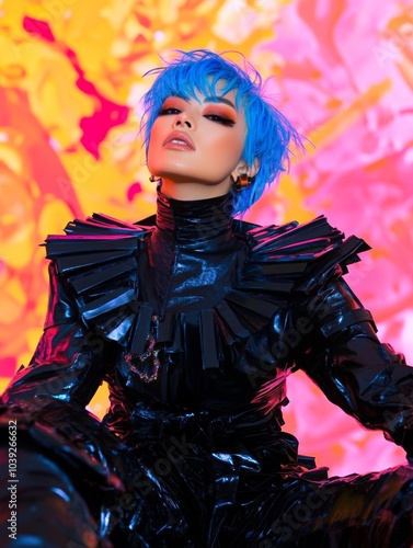 Blue Hair, Bold Style: A model with electric blue hair and a captivating gaze, adorned in a dramatic black leather jacket with a ruffled collar, stands against a vibrant backdrop of swirling colors. photo