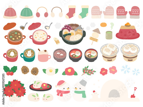 冬の食べ物や花や防寒グッズのベクターイラストセット