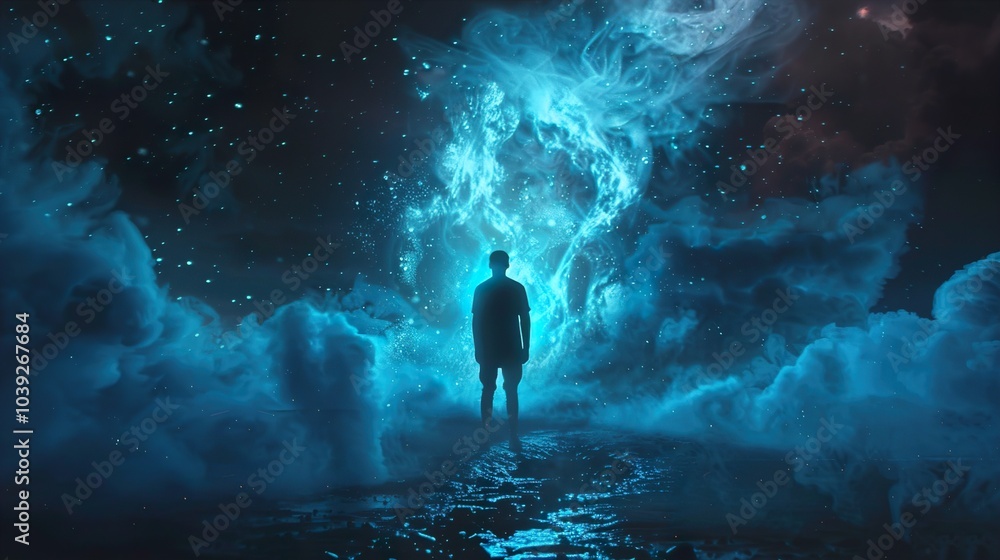 Silhouette of a Person Standing in a Cosmic Landscape Silhouette of a Person Standing in a Cosmic Landscape