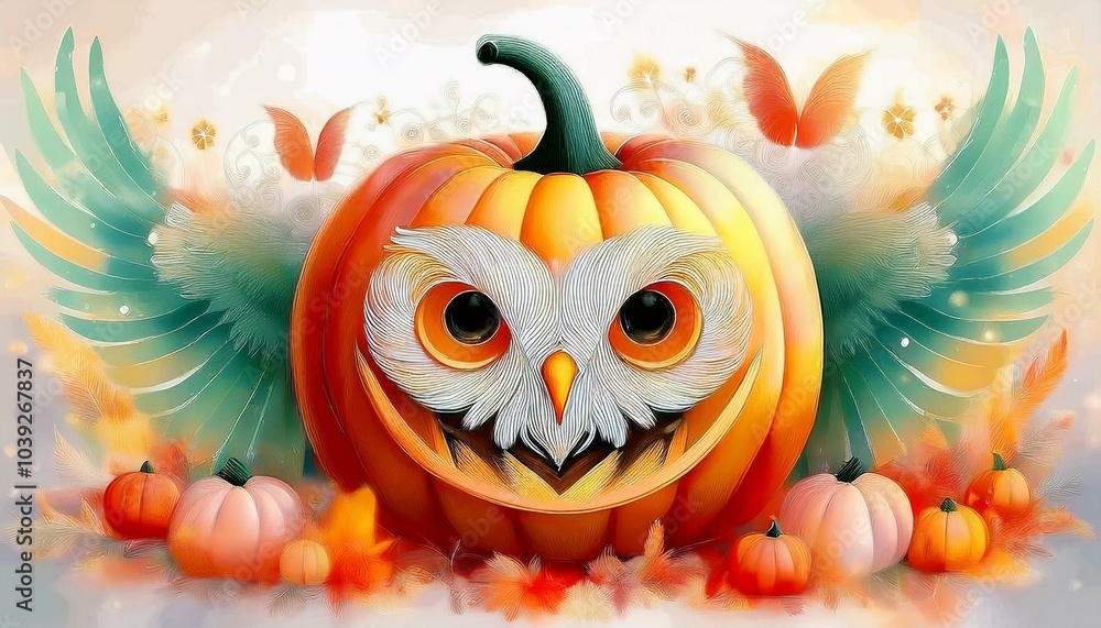 Fototapeta premium Intricate Owl Carving on Jack O' Lantern Illustration