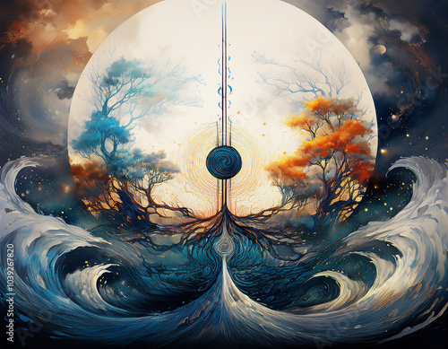 宇宙のエネルギーの流れを陰陽のバランスや五行思想に基づいて表現　直線や曲線が調和し、金・木・水・火・土の要素が幾何学模様として配置され、宇宙と自然、人間の調和を象徴するデザイン