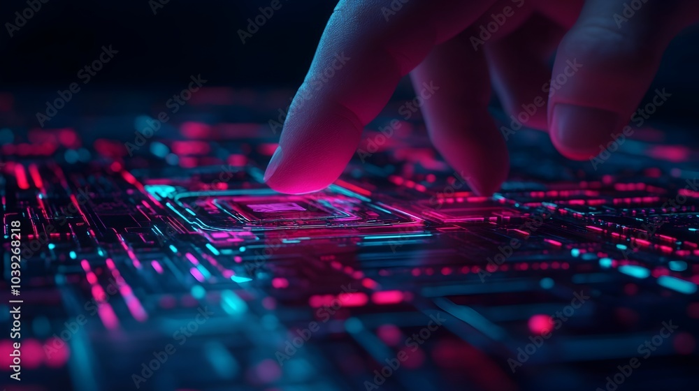 Futuristic scene depicting a person interacting with a holographic interface surrounded by advanced high tech equipment and vibrant neon colors in a minimalistic sci fi inspired design Futuristic scene depicting a person interacting with a holographic interface surrounded by advanced high tech equipment and vibrant neon colors in a minimalistic sci fi inspired design