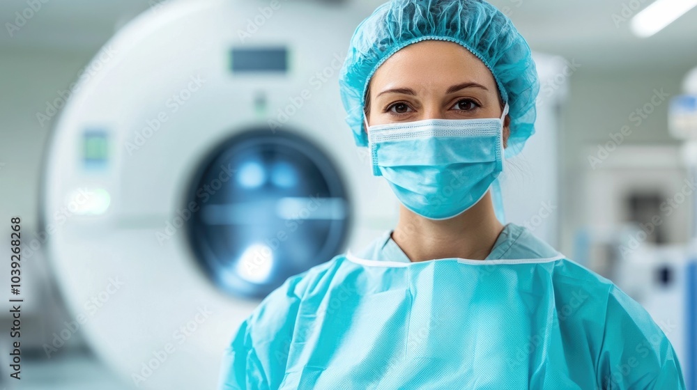 Portrait of a radiology technician wearing protective gear and operating an x ray machine in a medical facility Portrait of a radiology technician wearing protective gear and operating an x ray machine in a medical facility