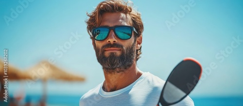 A man with a beard and sunglasses is holding a paddle, looking at the camera, ready to go paddleboarding. photo