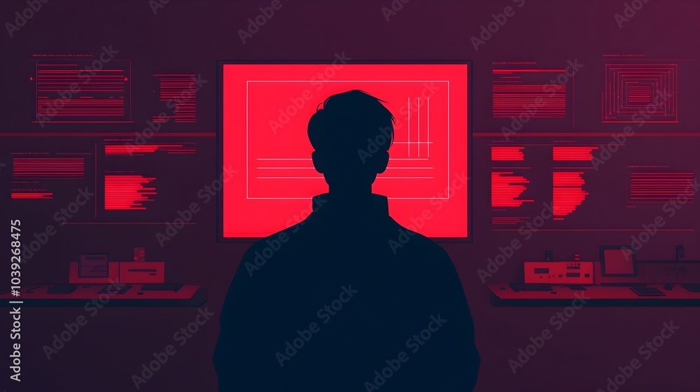Silhouetted figure interacting with a futuristic holographic control system surrounded by glowing graphs and data visualizations powered by advanced technologies in a minimalist Silhouetted figure interacting with a futuristic holographic control system surrounded by glowing graphs and data visualizations powered by advanced technologies in a minimalist