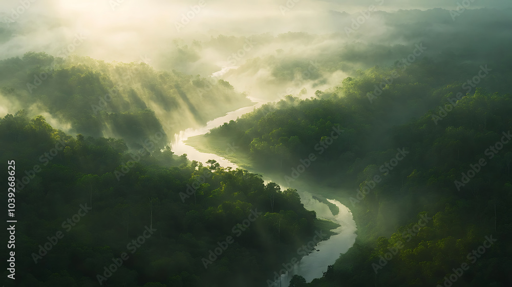 winding river cuts through fog laden forest, surrounded by lush greenery and illuminated by soft rays of sunlight. serene landscape evokes sense of tranquility and mystery winding river cuts through fog laden forest, surrounded by lush greenery and illuminated by soft rays of sunlight. serene landscape evokes sense of tranquility and mystery